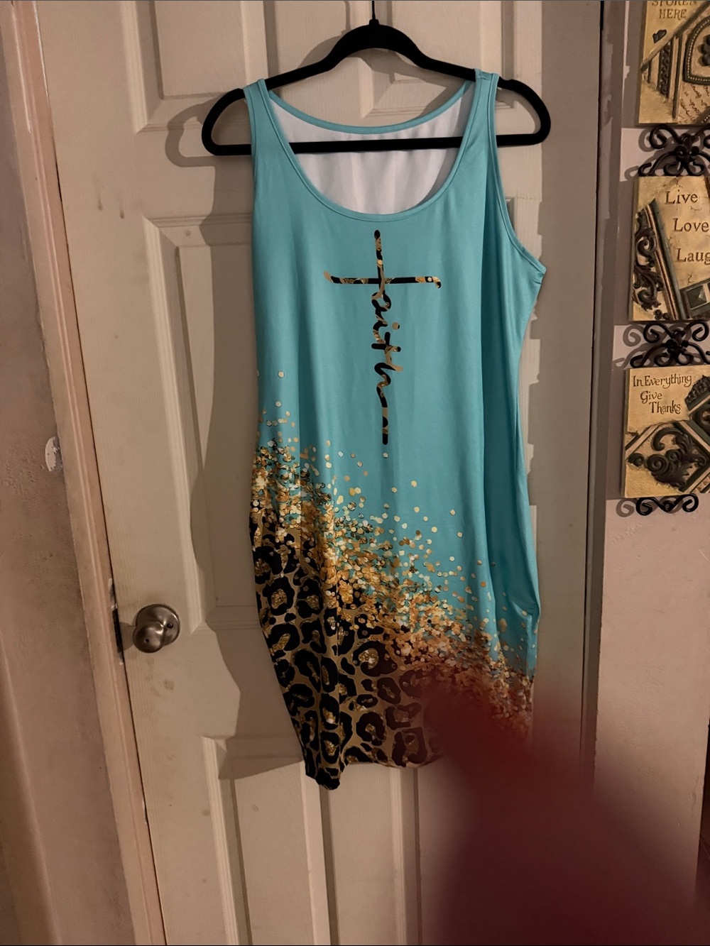 Sleeveless Turquoise Midi Dress with Gold Cross and Leopard Hem
